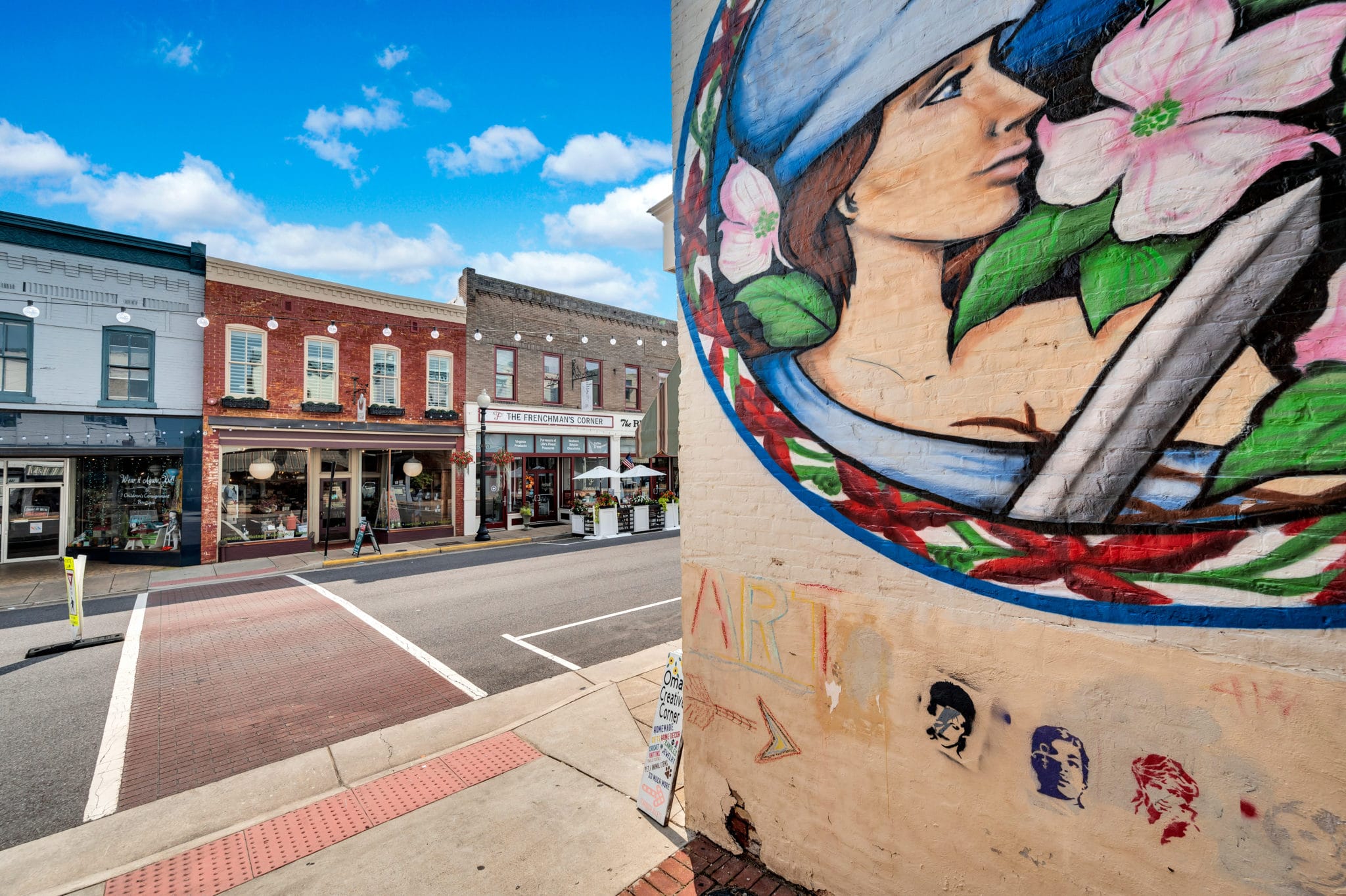 downtown shops and mural | Spark Culpeper apartments